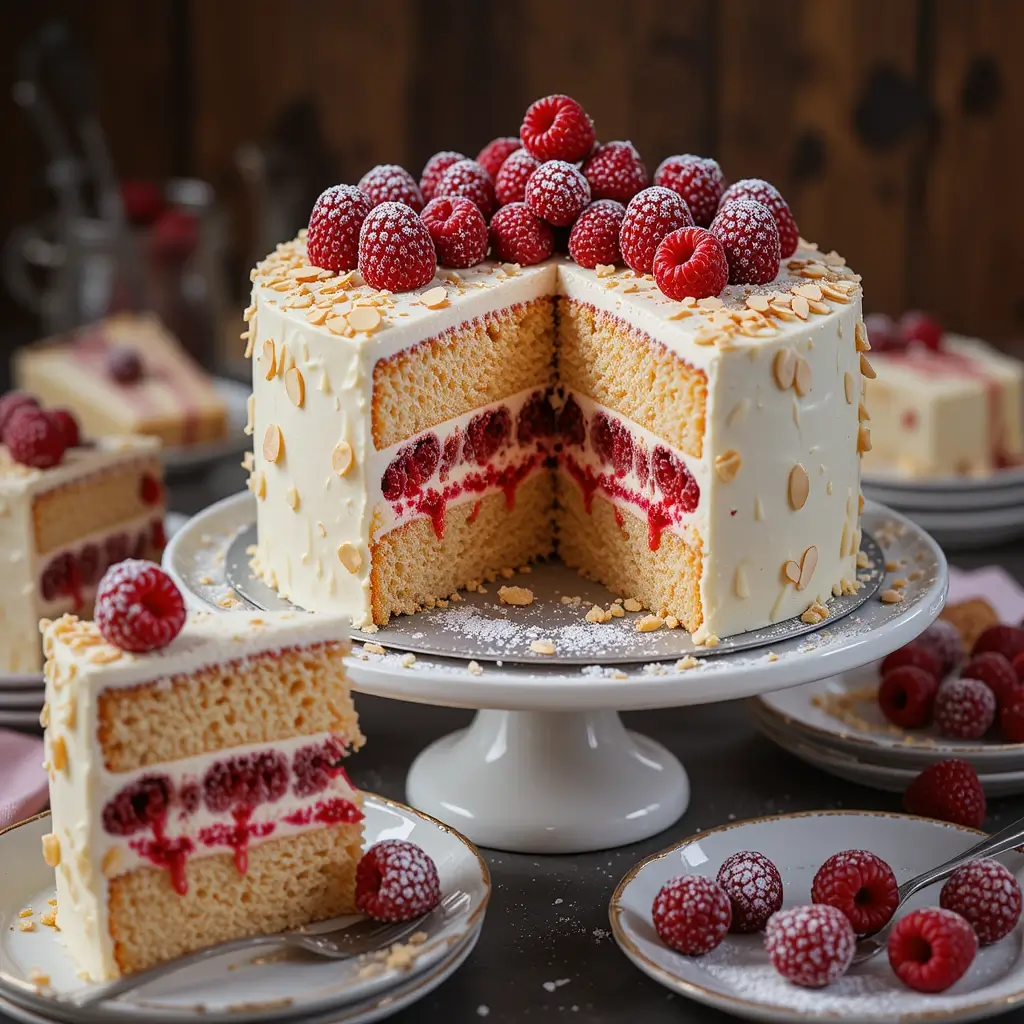 White Chocolate Almond Raspberry Cake