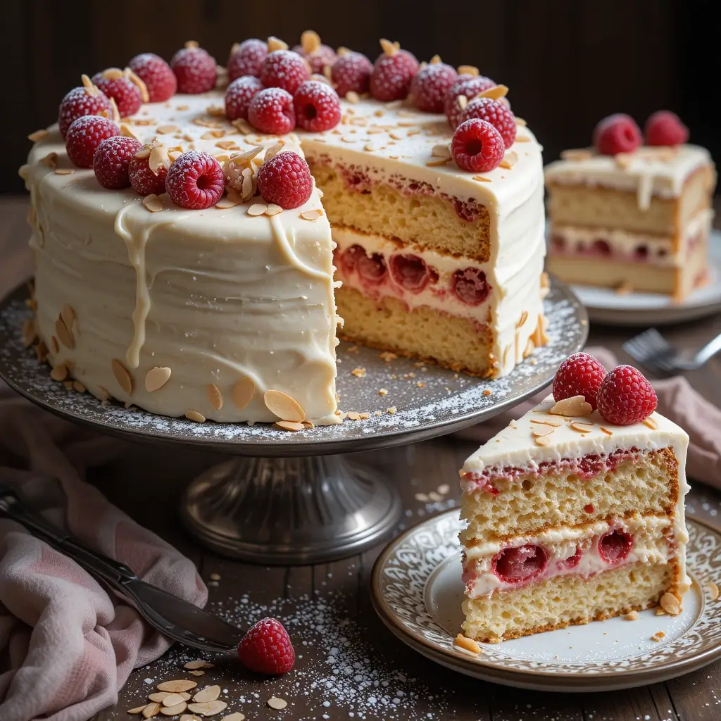 White Chocolate Almond Raspberry Cake