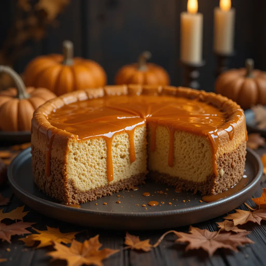 Pumpkin Cheesecake Graham Cracker Crust with Caramel Glaze