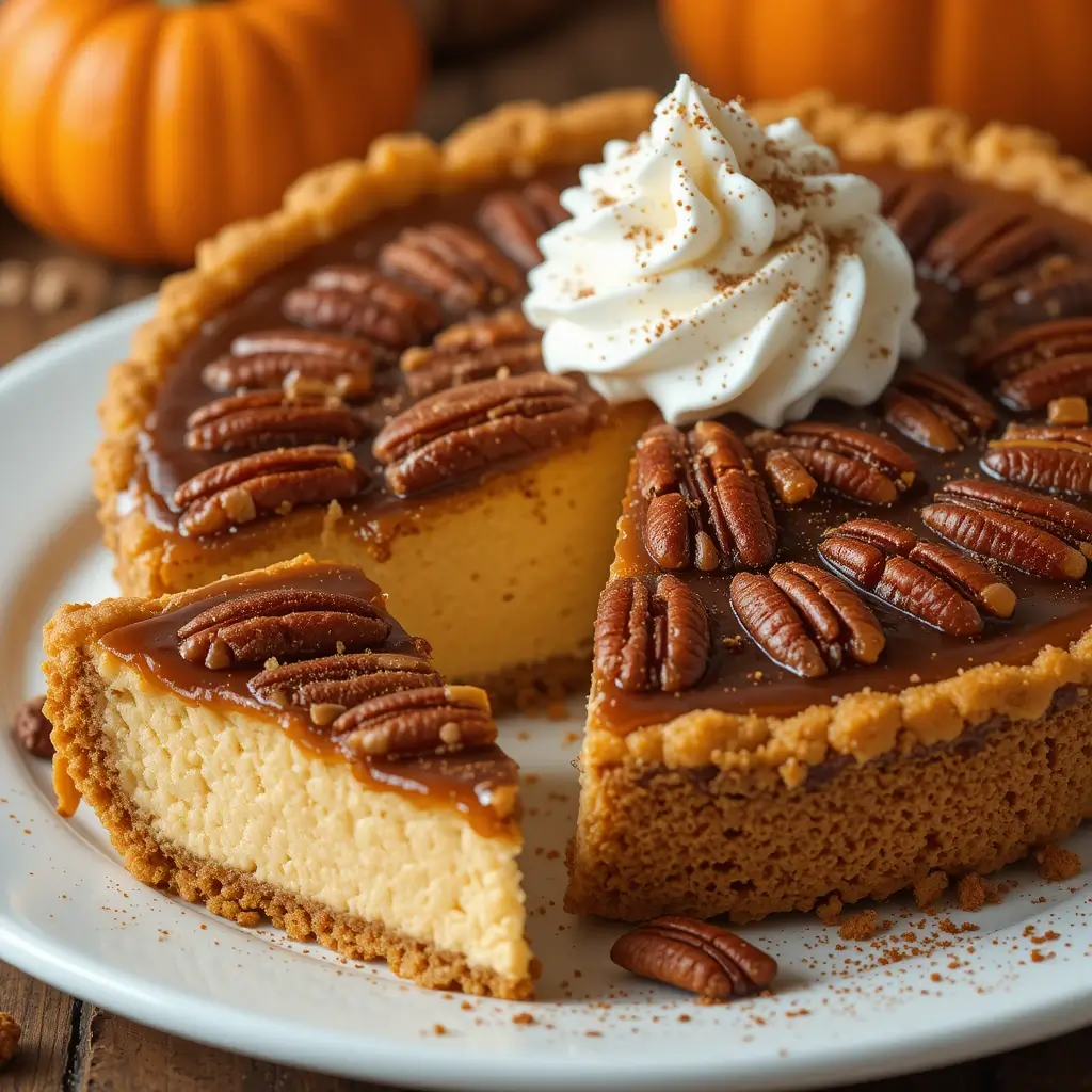 Pumpkin Cheesecake Pecan Pie