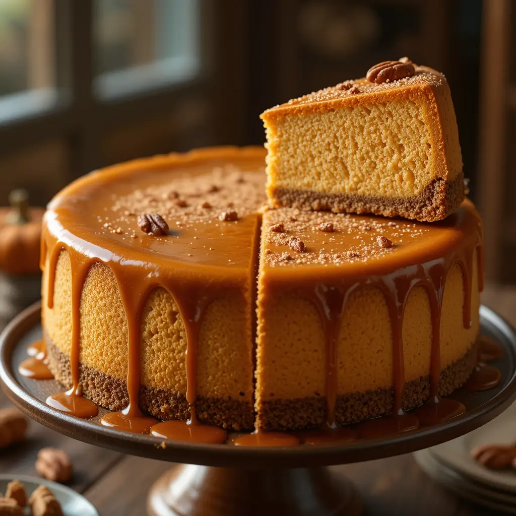 Pumpkin Cheesecake with Caramel Sauce